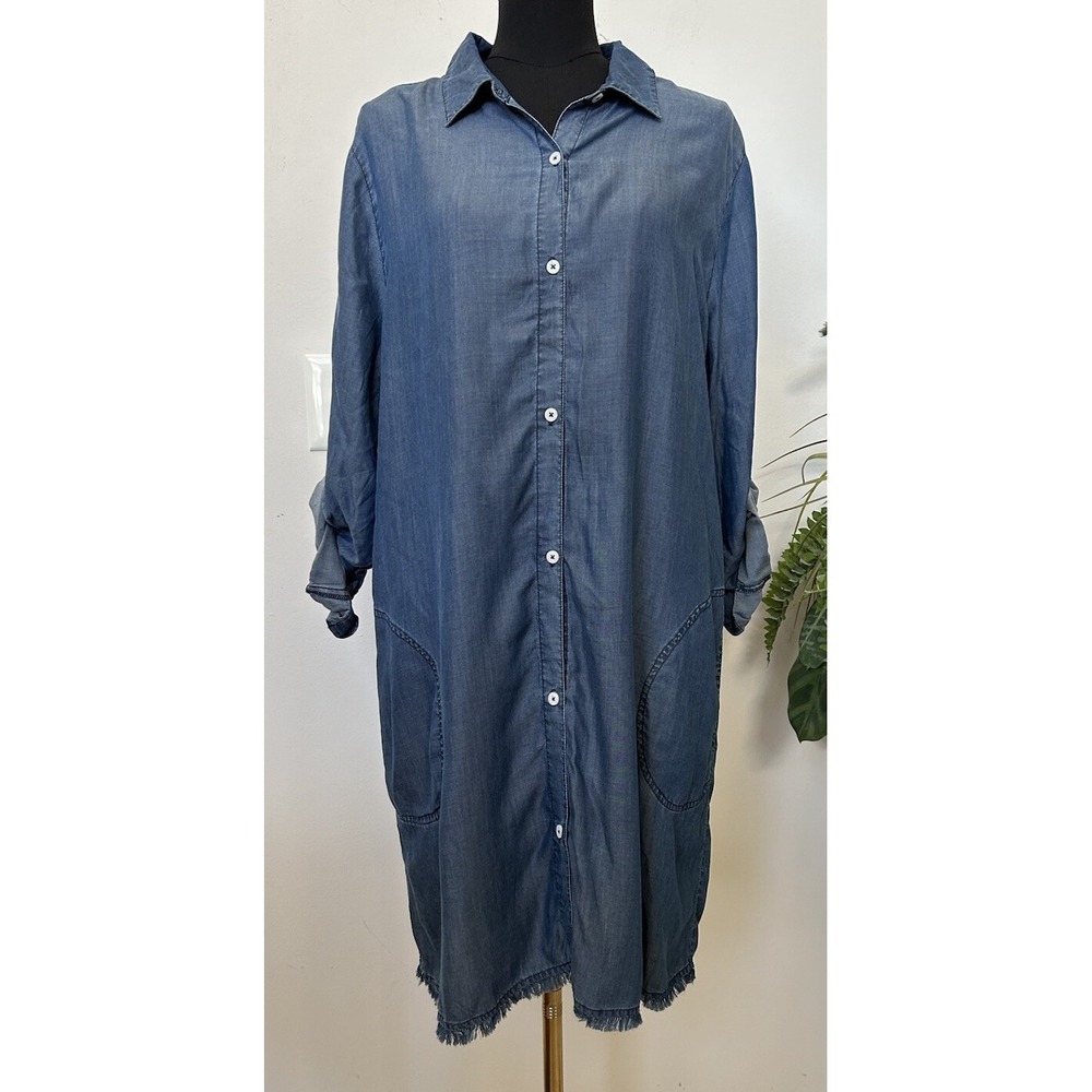 Tommy Bahama‎ Blue Chambray Raw Hem Foldable Long Sleeve Pocket Shirt Dress XL